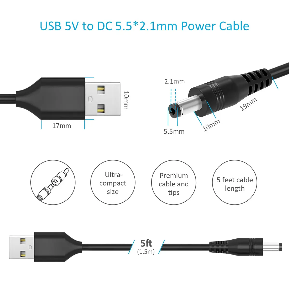 Belker Universal USB to DC 5V Power Cord with 13 Tips | 1.5M Black Cable for 5V Devices - view 6