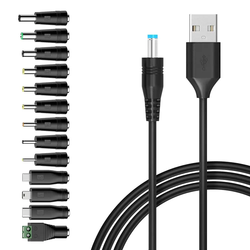Belker Universal USB to DC 5V Power Cord with 13 Tips | 1.5M Black Cable for 5V Devices - main product image