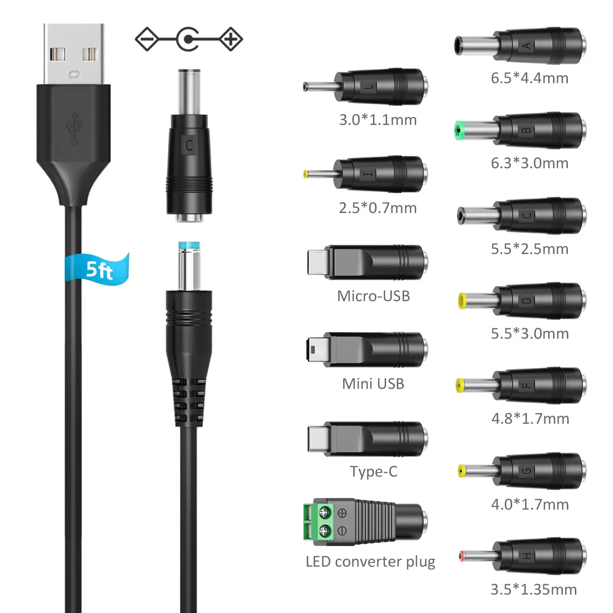 Belker Universal USB to DC 5V Power Cord with 13 Tips | 1.5M Black Cable for 5V Devices - view 2