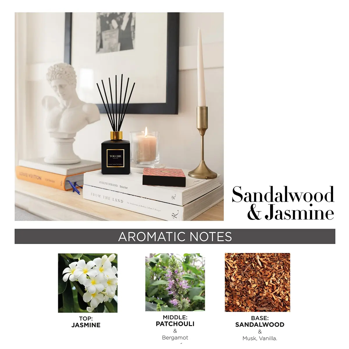 TOUCHE ORIGINALE Natural Reed Diffuser 120ml | Long Lasting Sandalwood & Jasmine Aroma - view 3