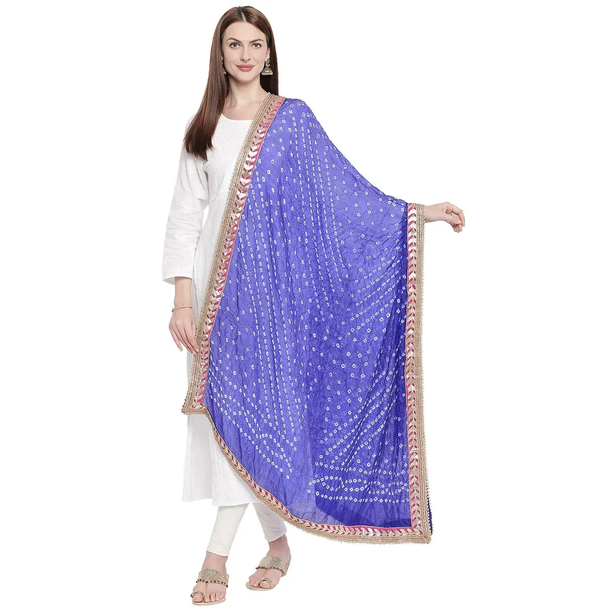 DUPATTA BAZAAR Blue Bandhini Silk Dupatta 240cm x 97cm | Handloom with Gotta Patti Border - main product image
