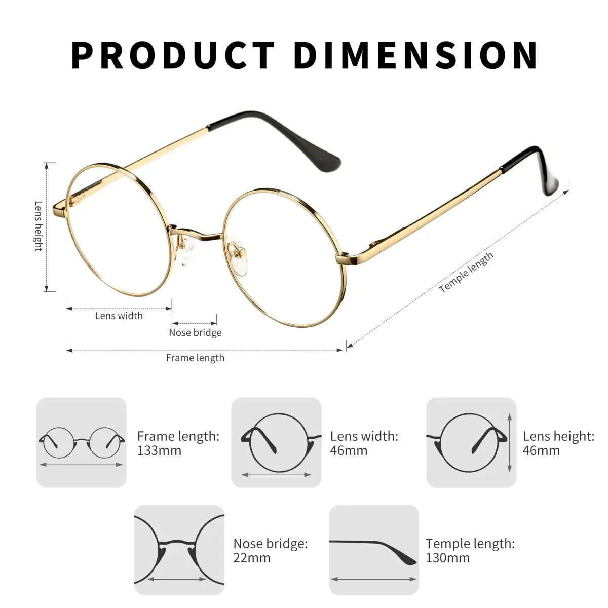 Pro Acme Retro Round Blue Light Blocking Clear Lens Glasses with Gold Metal Frame | 46mm Lens Width - view 3