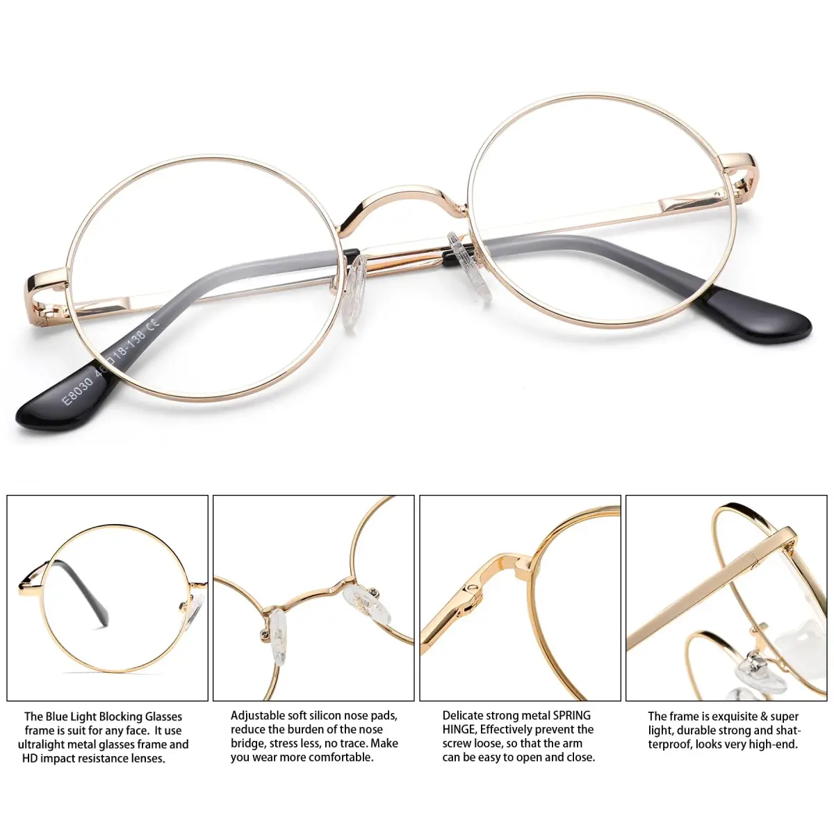 Pro Acme Retro Round Blue Light Blocking Clear Lens Glasses with Gold Metal Frame | 46mm Lens Width - view 4