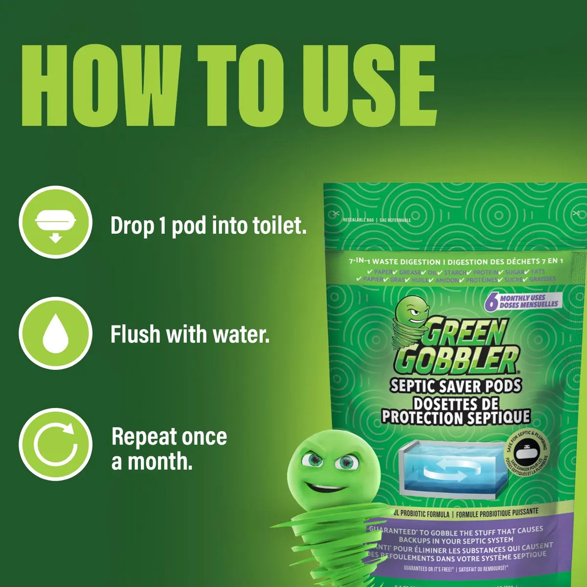 Green Gobbler Septic Tank Treatment Packets (24 Pods) | Natural Bacteria to Prevent Costly Septic Issues - view 7
