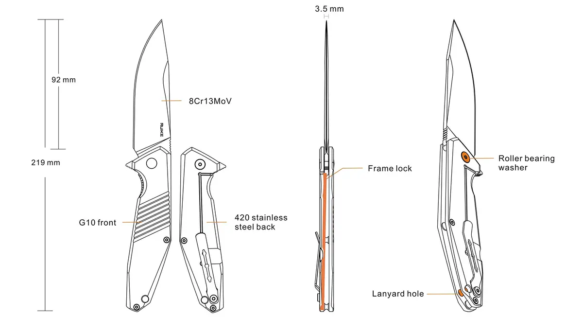 Ruike Folding Pocket Knife,Frame Lock,8Cr13mov Steel,8.62in | Tactical Camping EDC Tool for Men & Dad - view 9