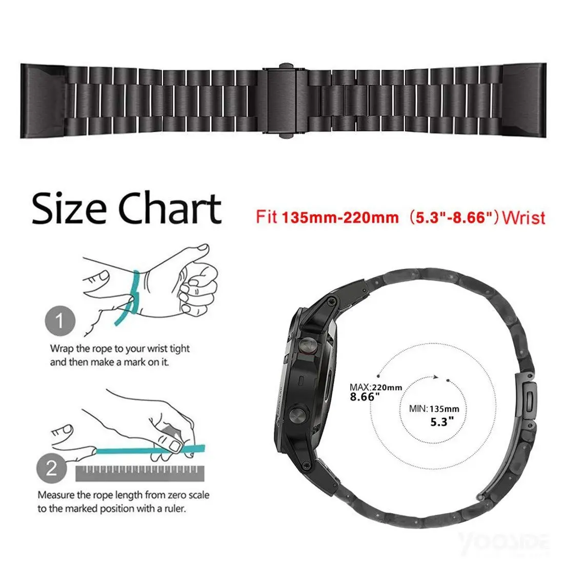 Abanen Stainless Steel Watch Band for Garmin Fenix 8/Tactix 8 51mm, Quick Fit 26mm Metal Wrist Strap | Black, Adjustable - view 7