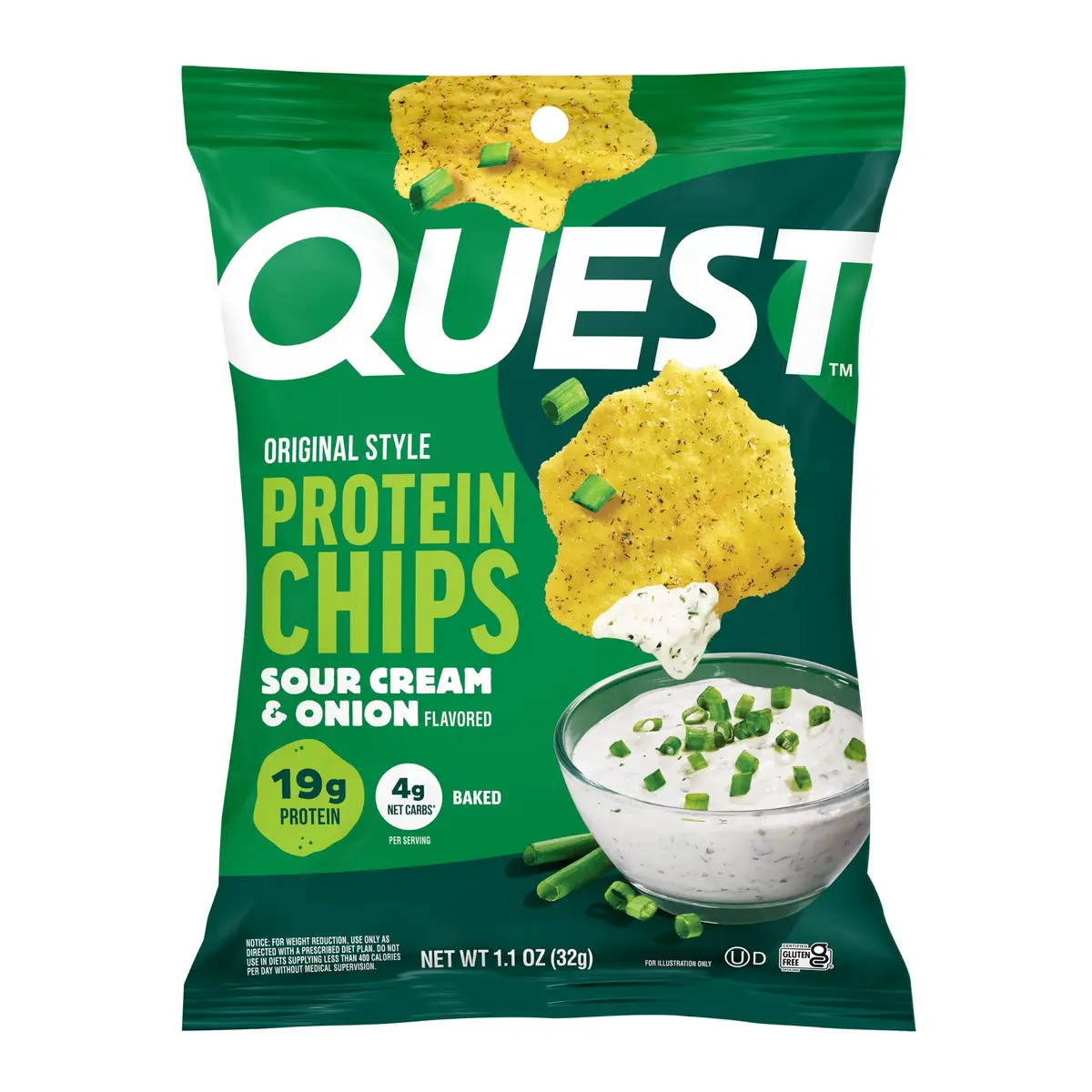 Quest Sour Cream & Onion Protein Chips 1.1oz (32g) Bags | 19g Protein, 4g Net Carbs, Gluten-Free - main product image