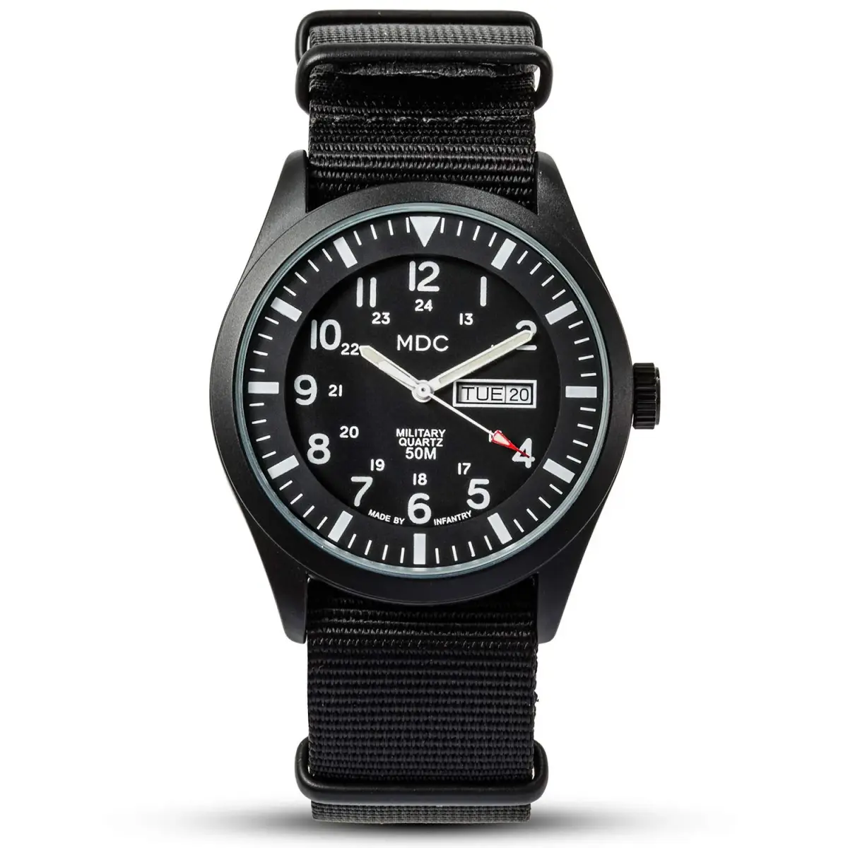 Infantry MDC Mens Military Field Watch 40mm (1.57in) | Stealth Black Nylon Band, 12/24H Time, Day-Date - main product image