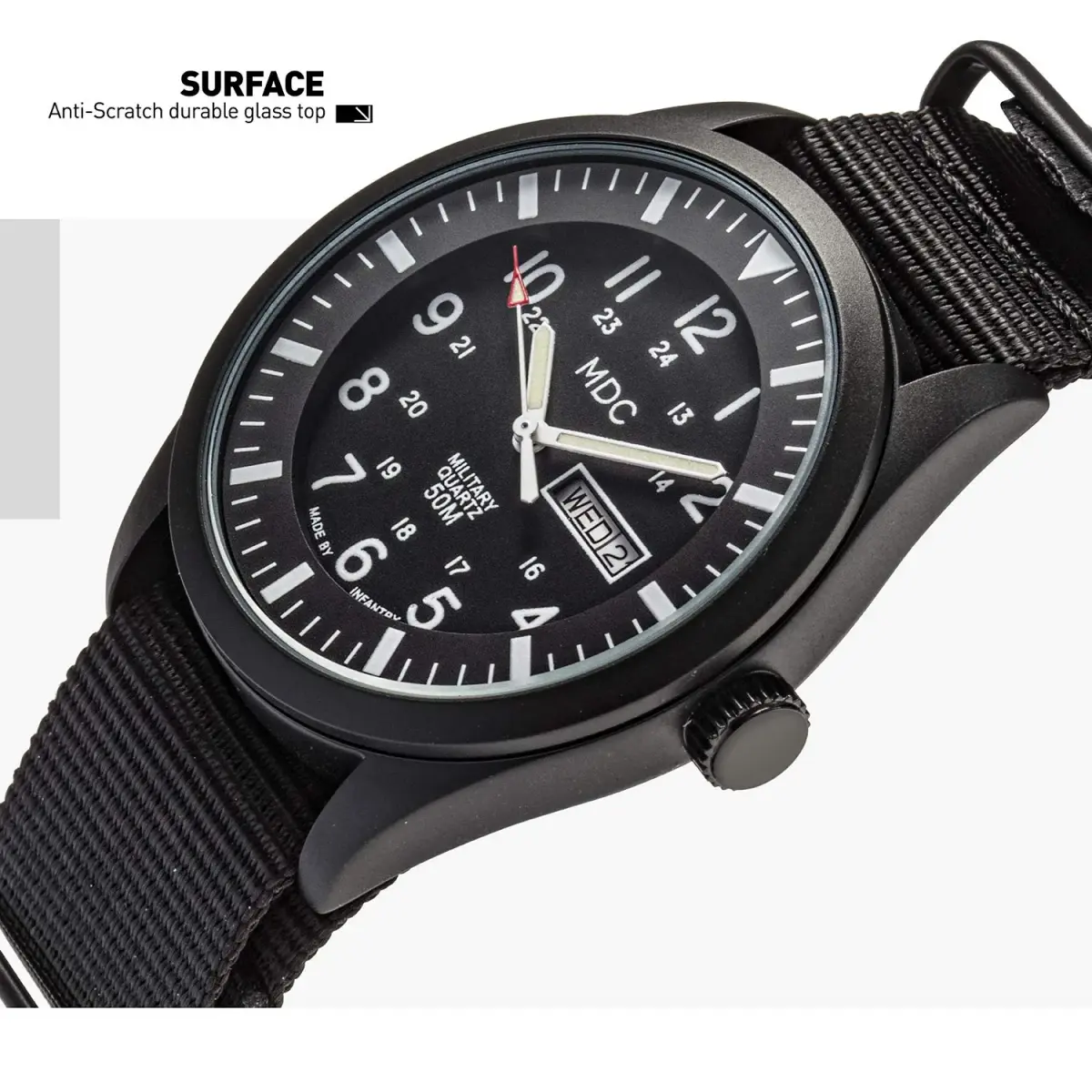 Infantry MDC Mens Military Field Watch 40mm (1.57in) | Stealth Black Nylon Band, 12/24H Time, Day-Date - view 6