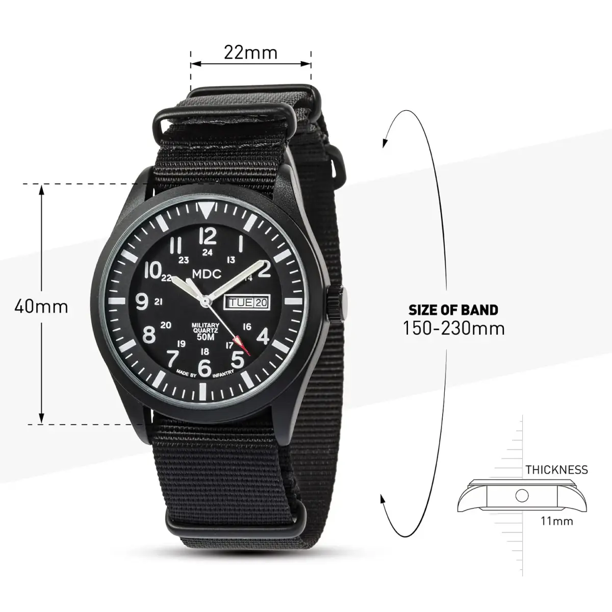 Infantry MDC Mens Military Field Watch 40mm (1.57in) | Stealth Black Nylon Band, 12/24H Time, Day-Date - view 8