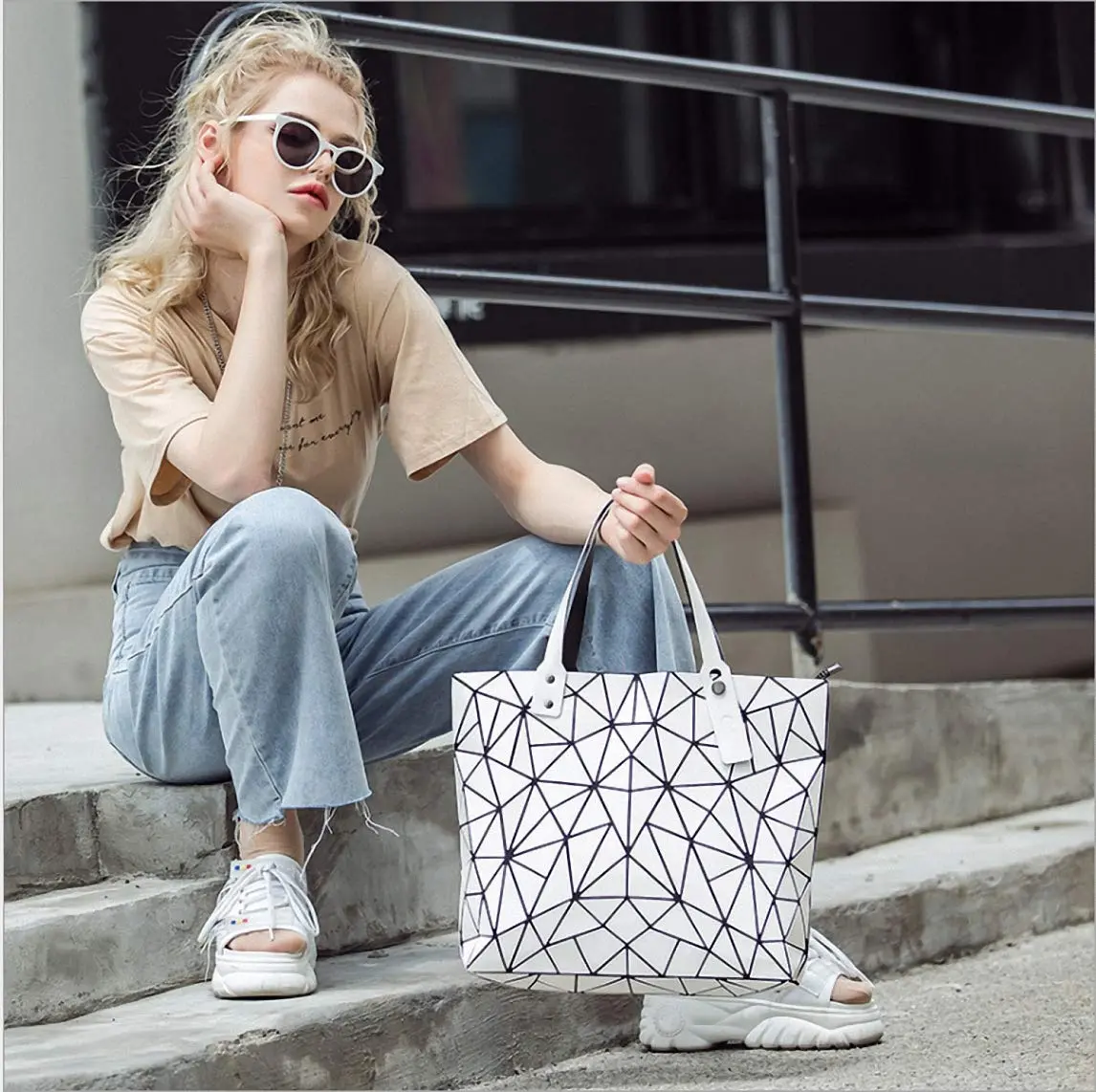Ulalaza Geometric Lattice Top-handle Handbag for Women 12" x 5" x 10" | Waterproof Faux Leather - view 5