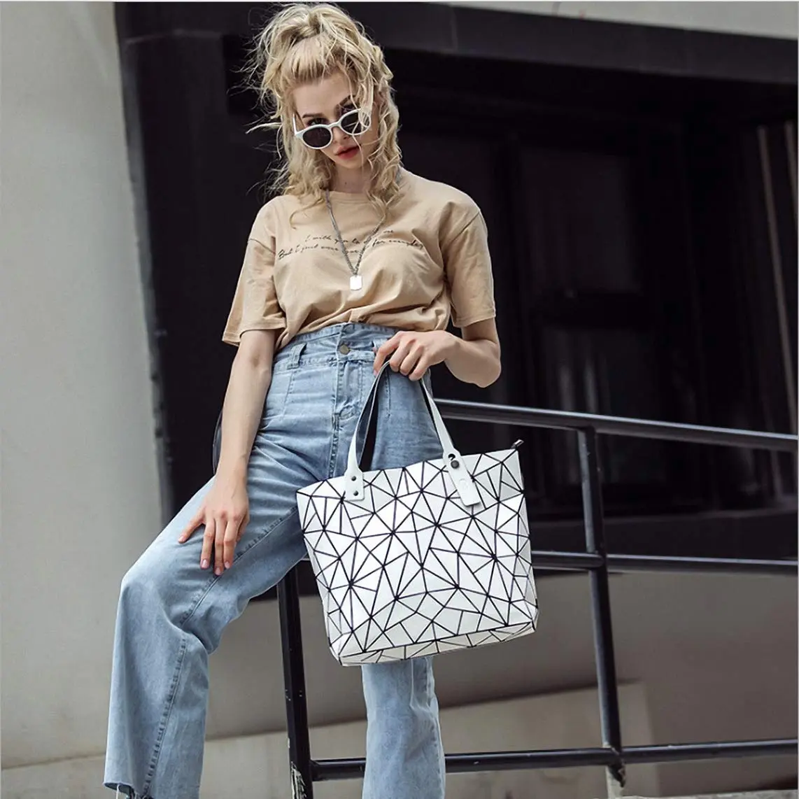 Ulalaza Geometric Lattice Top-handle Handbag for Women 12" x 5" x 10" | Waterproof Faux Leather - view 2