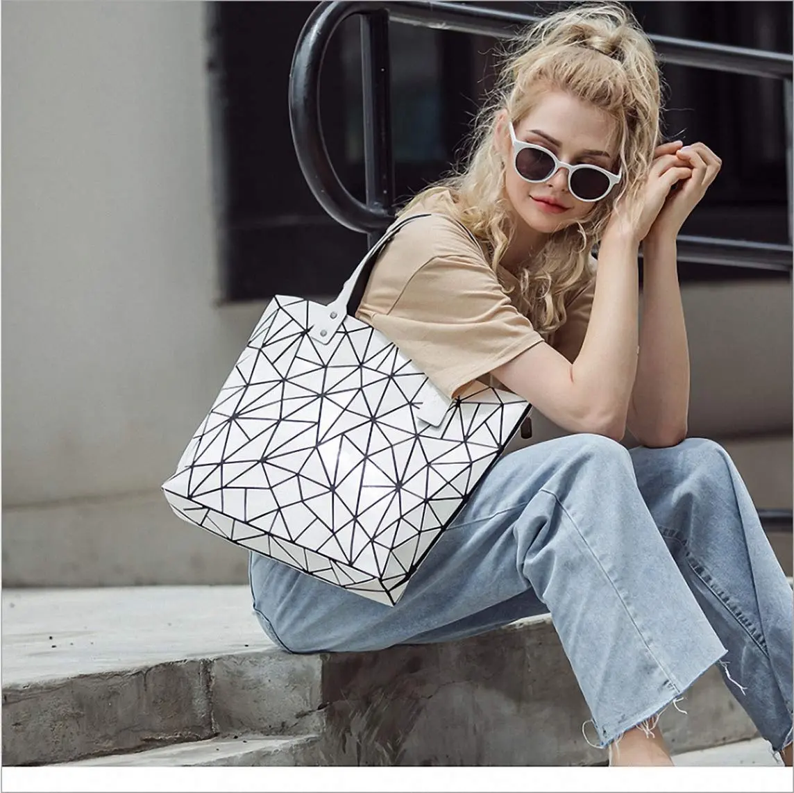 Ulalaza Geometric Lattice Top-handle Handbag for Women 12" x 5" x 10" | Waterproof Faux Leather - view 3