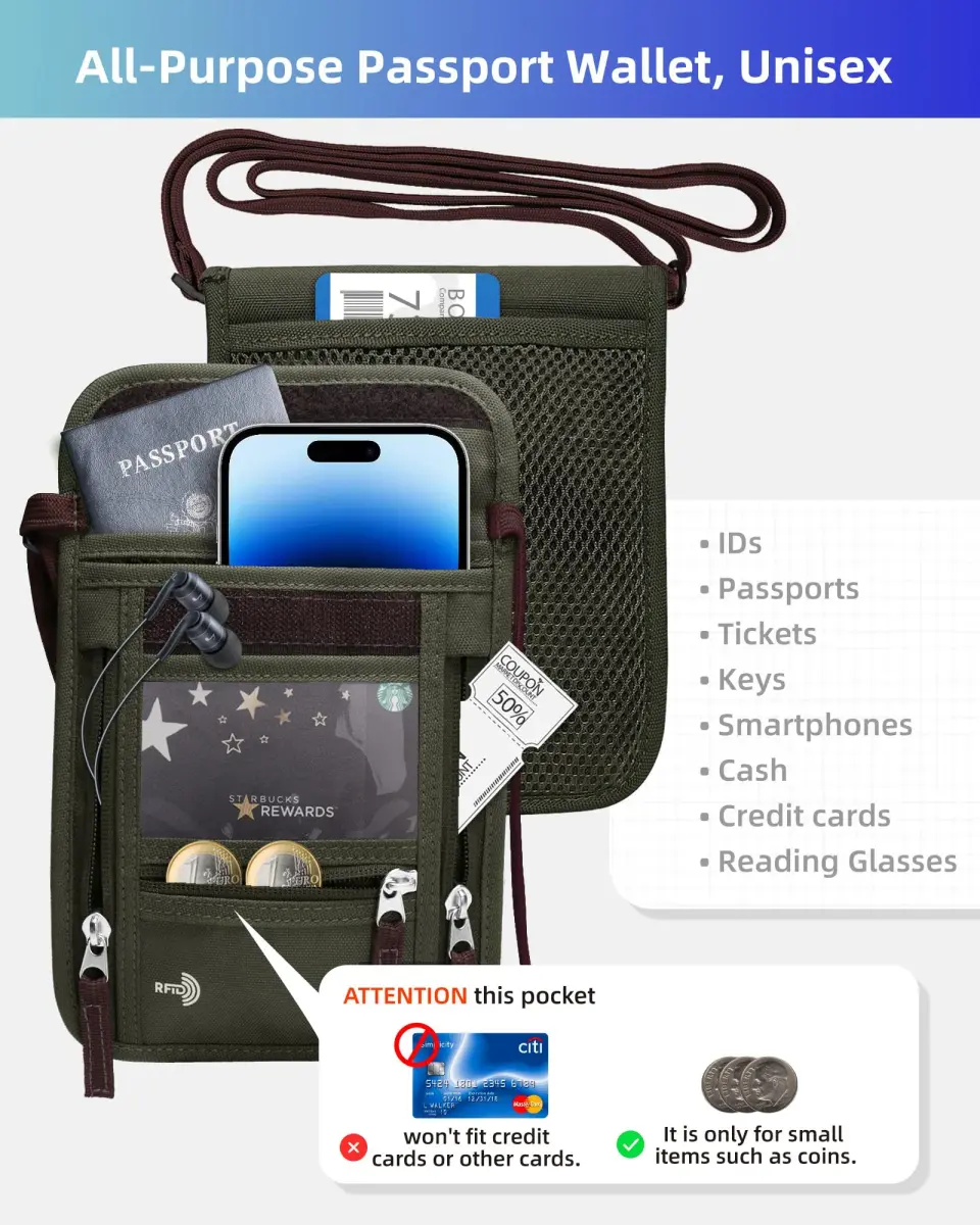 WALNEW RFID Blocking Passport Holder Neck Pouch 19cm (7.5in) | Secure Travel Wallet for Men & Women - view 5