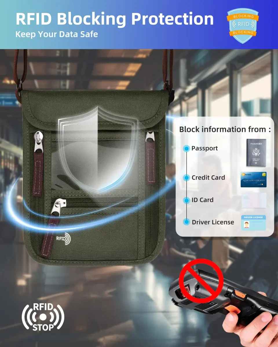 WALNEW RFID Blocking Passport Holder Neck Pouch 19cm (7.5in) | Secure Travel Wallet for Men & Women - view 3