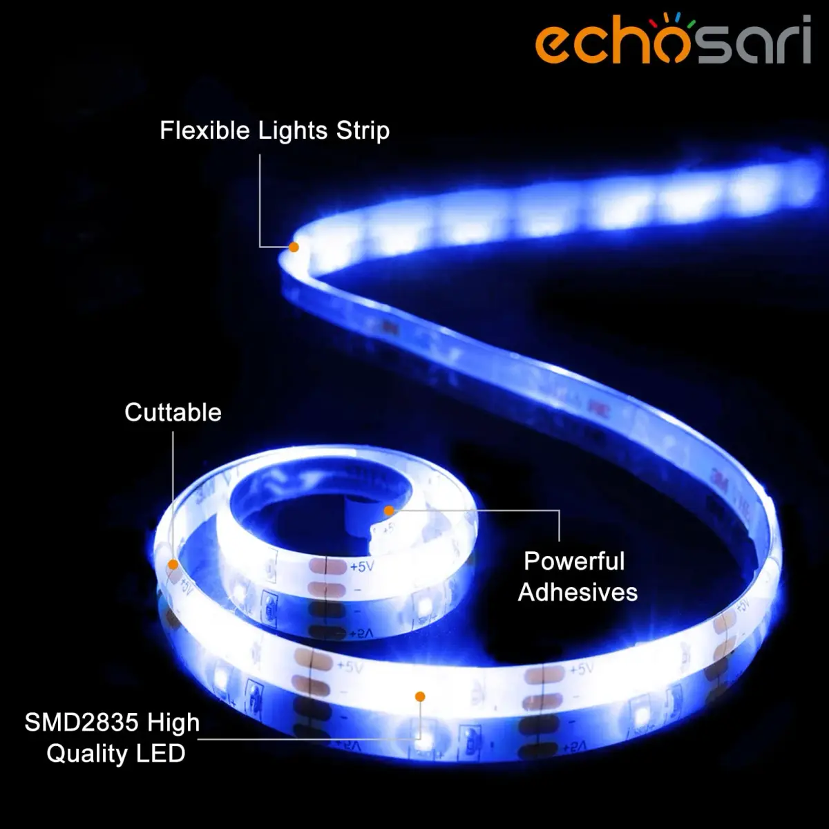 echosari Blue LED Strip Lights, Battery Operated with Remote, 9.8ft (3m) 90LED - view 2