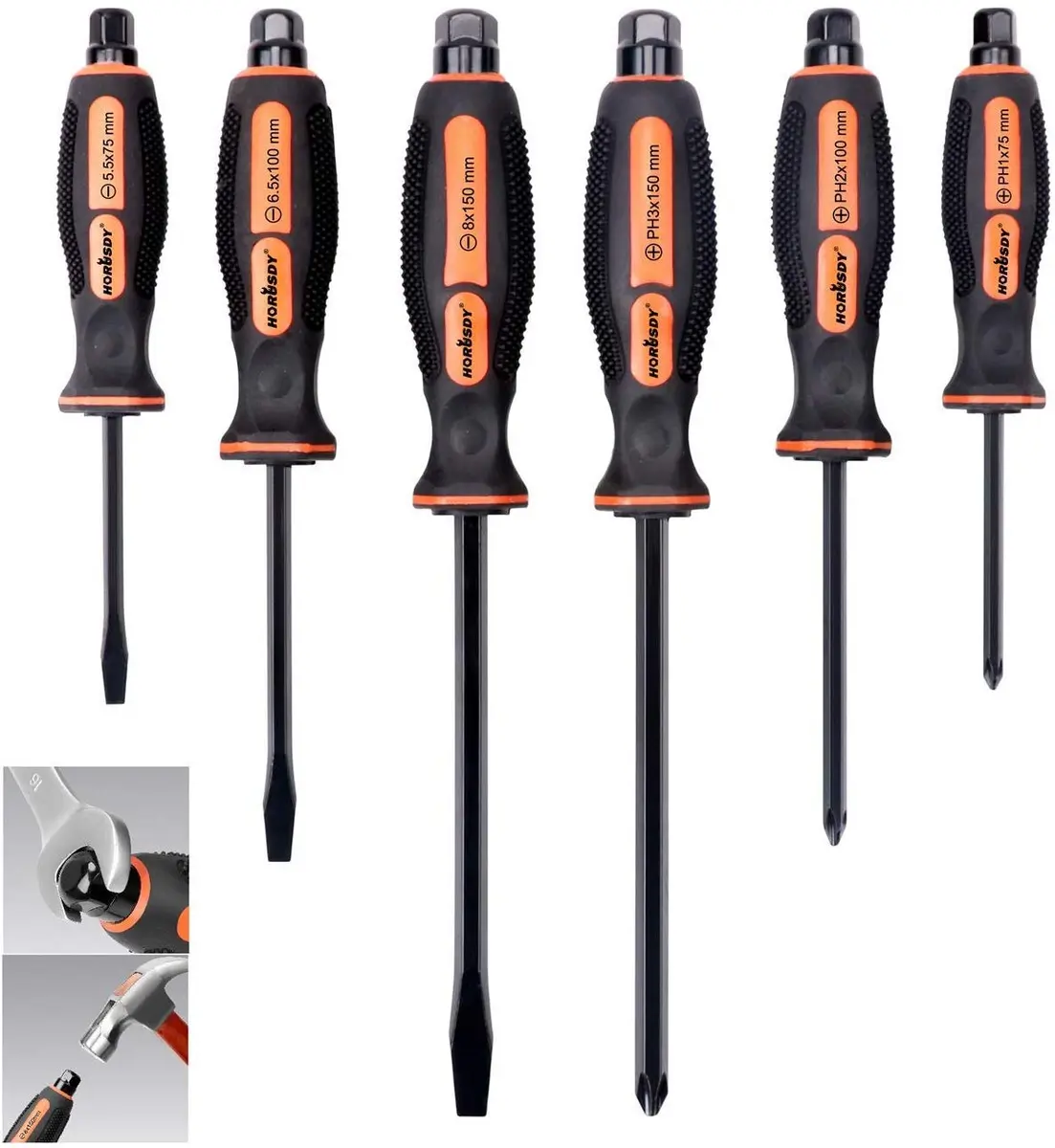 HORUSDY 6-Pieces Magnetic Screwdriver Set, 3 Phillips & 3 Flat Tips, Heat-Treated Cr-V Steel, Black Finish, 75-150mm | Comfort & Precision - main product image