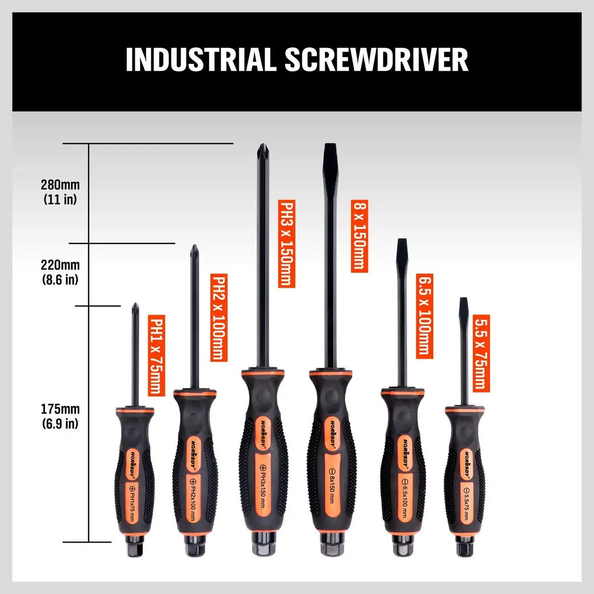 HORUSDY 6-Pieces Magnetic Screwdriver Set, 3 Phillips & 3 Flat Tips, Heat-Treated Cr-V Steel, Black Finish, 75-150mm | Comfort & Precision - view 7