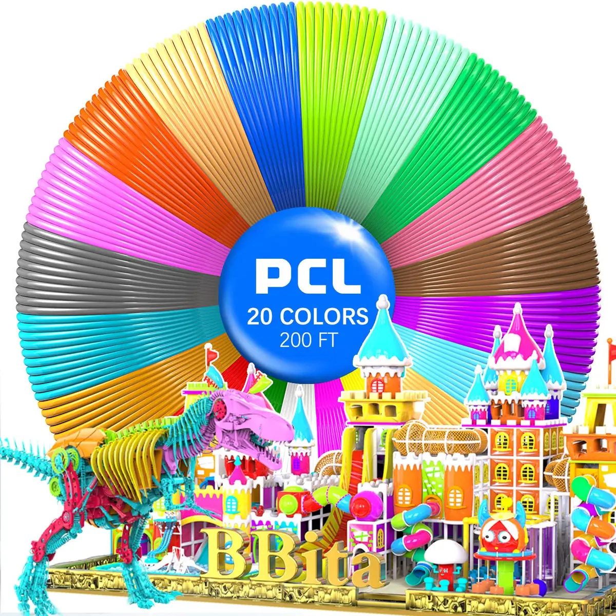 BBita 3D Printing Pen PCL Filament Refills 1.75mm | 20 Colors, 70℃ Low Melting Temp, Non-Toxic, 200 FT - main product image