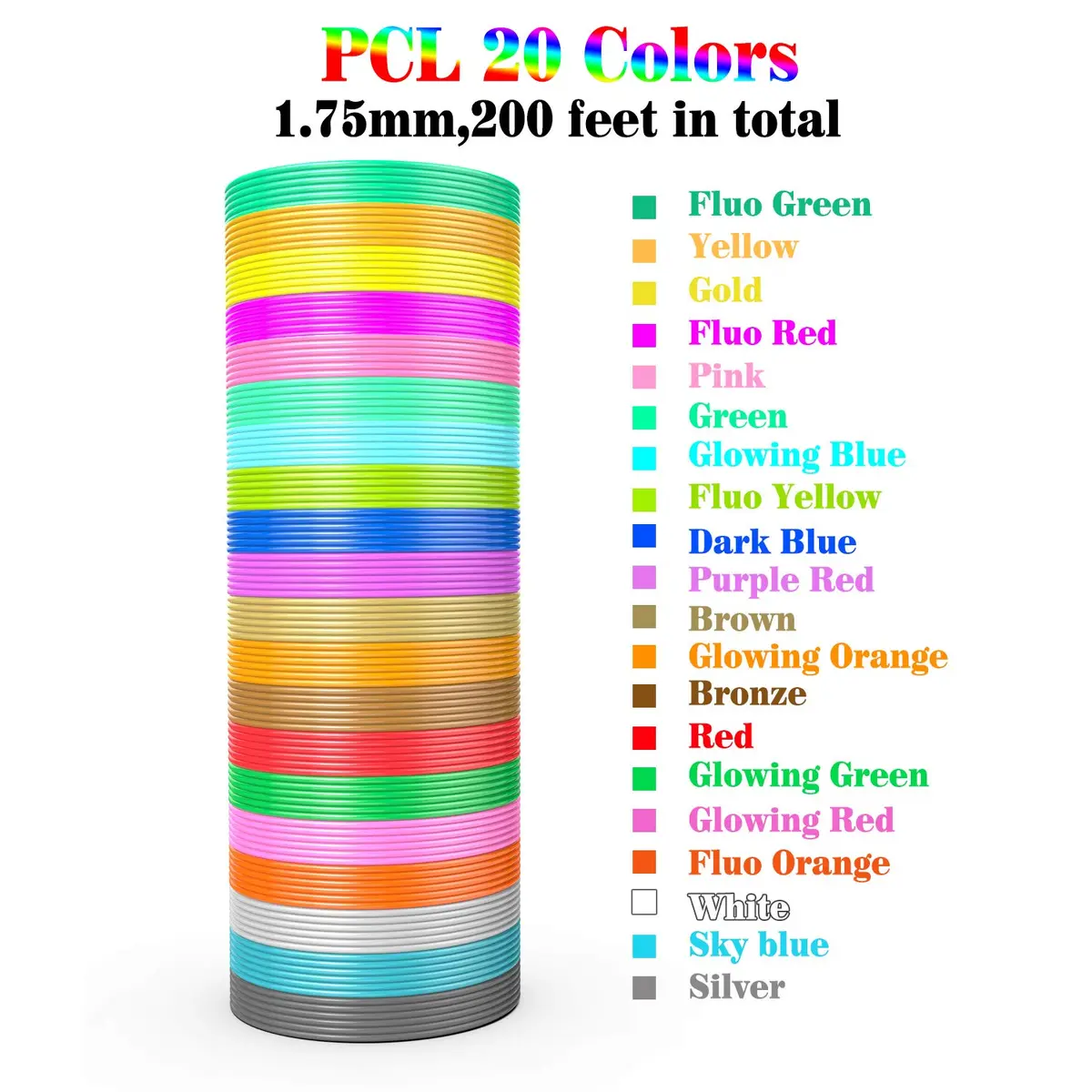 BBita 3D Printing Pen PCL Filament Refills 1.75mm | 20 Colors, 70℃ Low Melting Temp, Non-Toxic, 200 FT - view 5