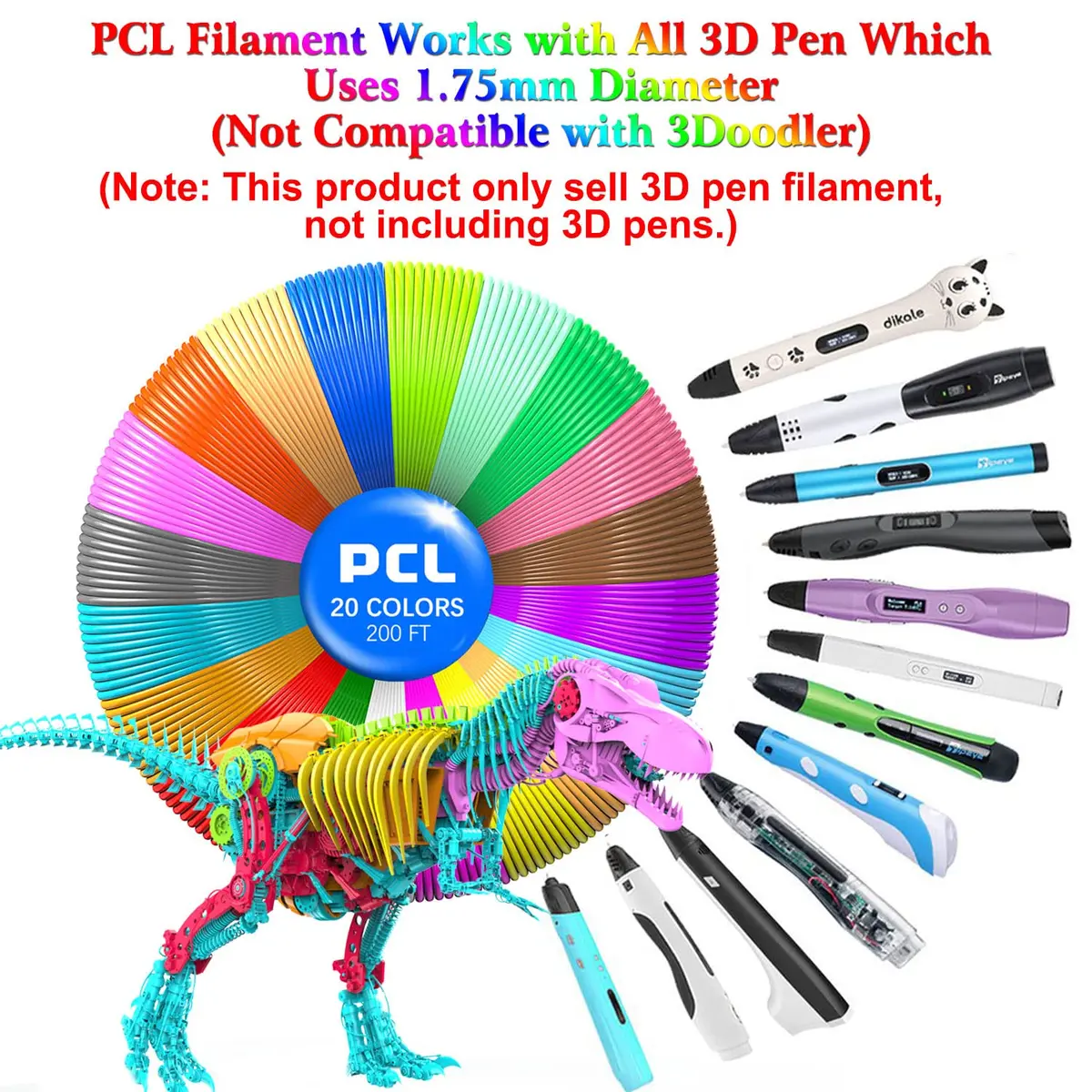 BBita 3D Printing Pen PCL Filament Refills 1.75mm | 20 Colors, 70℃ Low Melting Temp, Non-Toxic, 200 FT - view 6