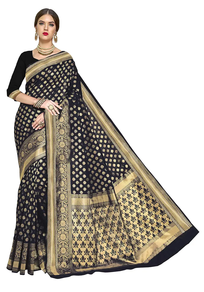 GLORY SAREES Women's Kanchipuram Art Silk Saree | Black Free Size, Elegant Festive Wear - view 5