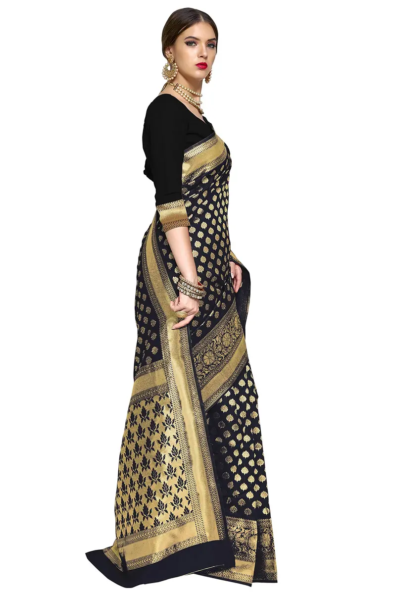 GLORY SAREES Women's Kanchipuram Art Silk Saree | Black Free Size, Elegant Festive Wear - view 4