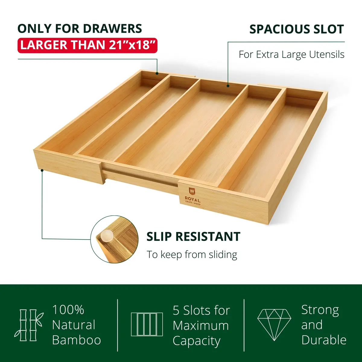 ROYAL CRAFT WOOD Luxury Bamboo Kitchen Drawer Organizer - Silverware Tray 5 Slot | Natural, Expandable & Water-Resistant - view 5