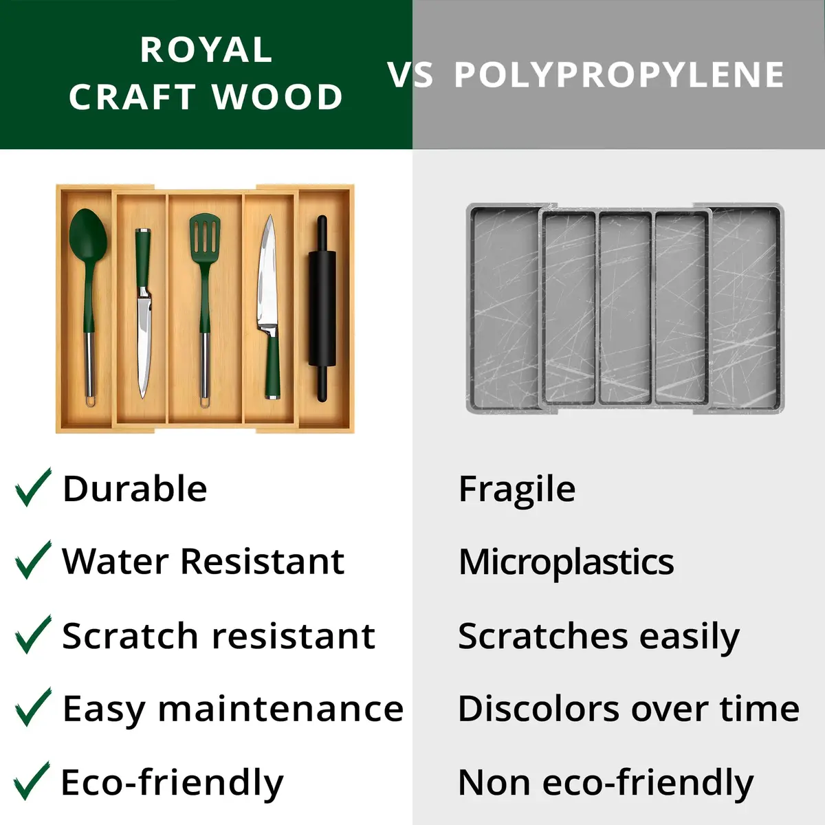 ROYAL CRAFT WOOD Luxury Bamboo Kitchen Drawer Organizer - Silverware Tray 5 Slot | Natural, Expandable & Water-Resistant - view 8