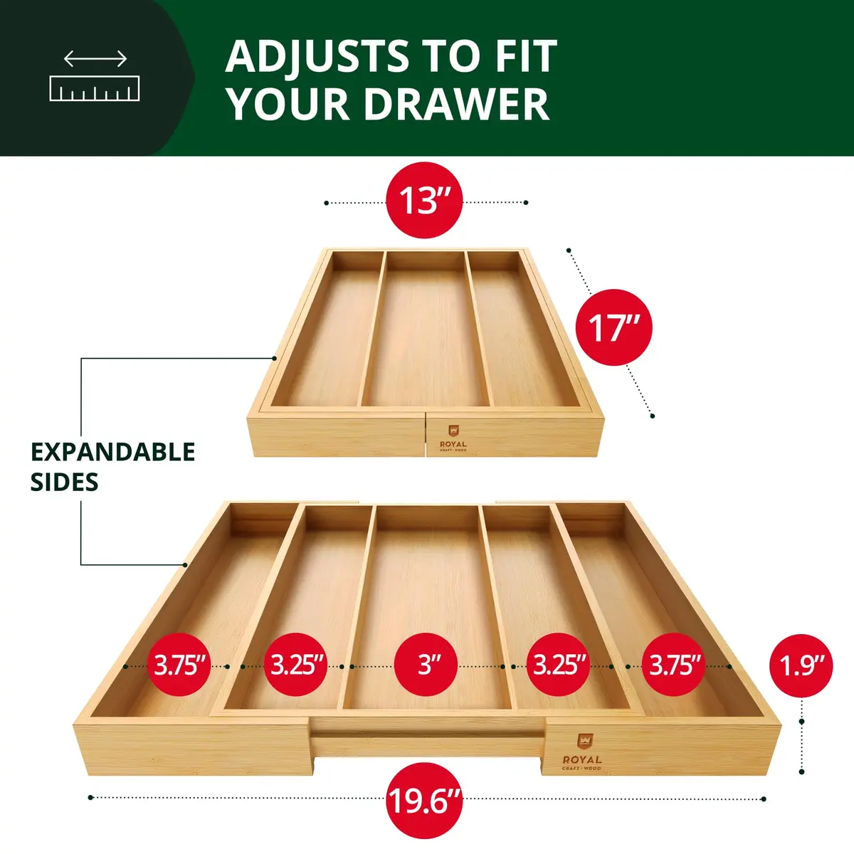ROYAL CRAFT WOOD Luxury Bamboo Kitchen Drawer Organizer - Silverware Tray 5 Slot | Natural, Expandable & Water-Resistant - view 2