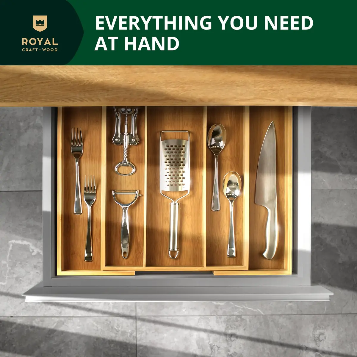 ROYAL CRAFT WOOD Luxury Bamboo Kitchen Drawer Organizer - Silverware Tray 5 Slot | Natural, Expandable & Water-Resistant - view 4
