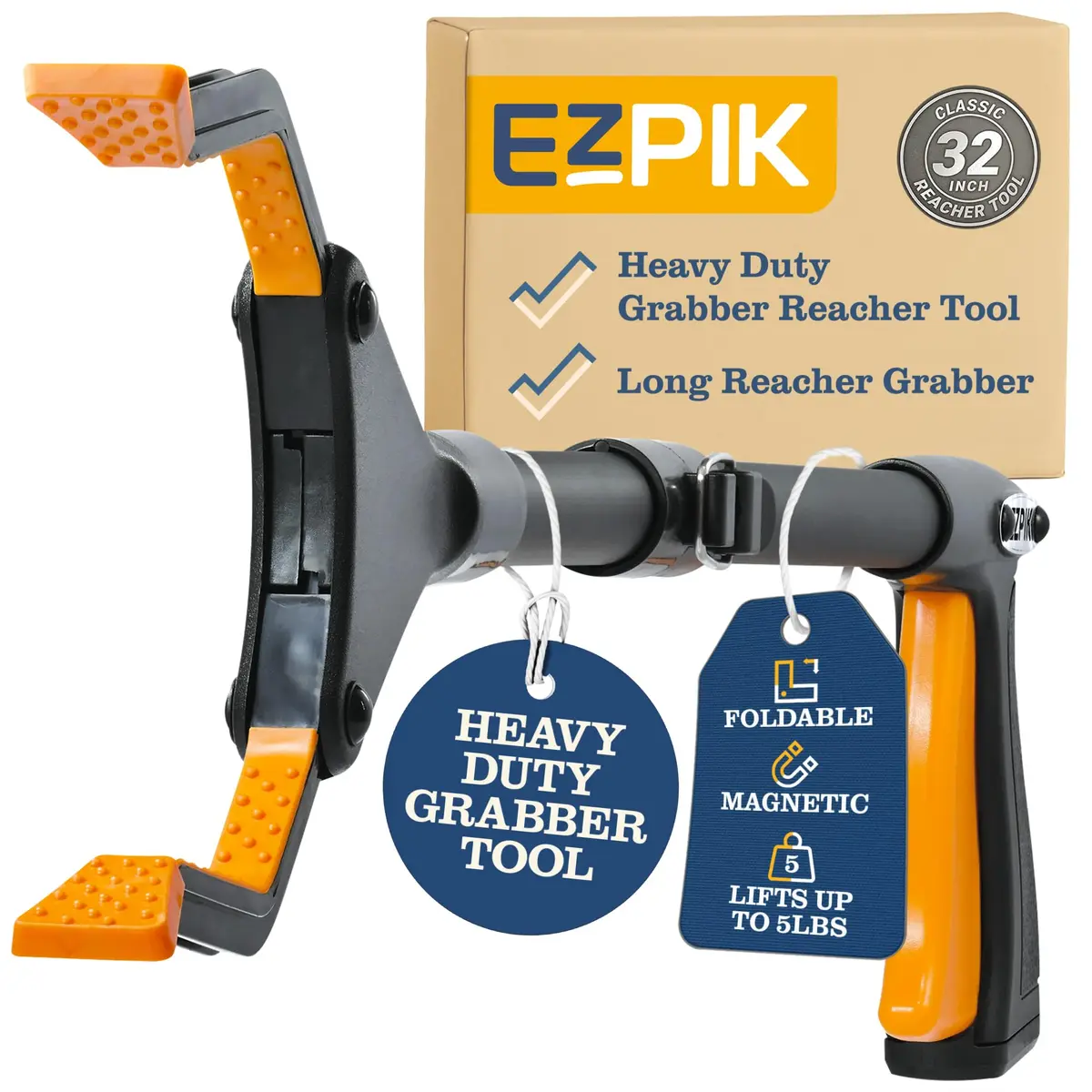 EZPIK 32" Folding Reacher-Grabber with Magnet | Heavy Duty Trash Picker for Seniors & Disabled, Aluminum, Black - main product image