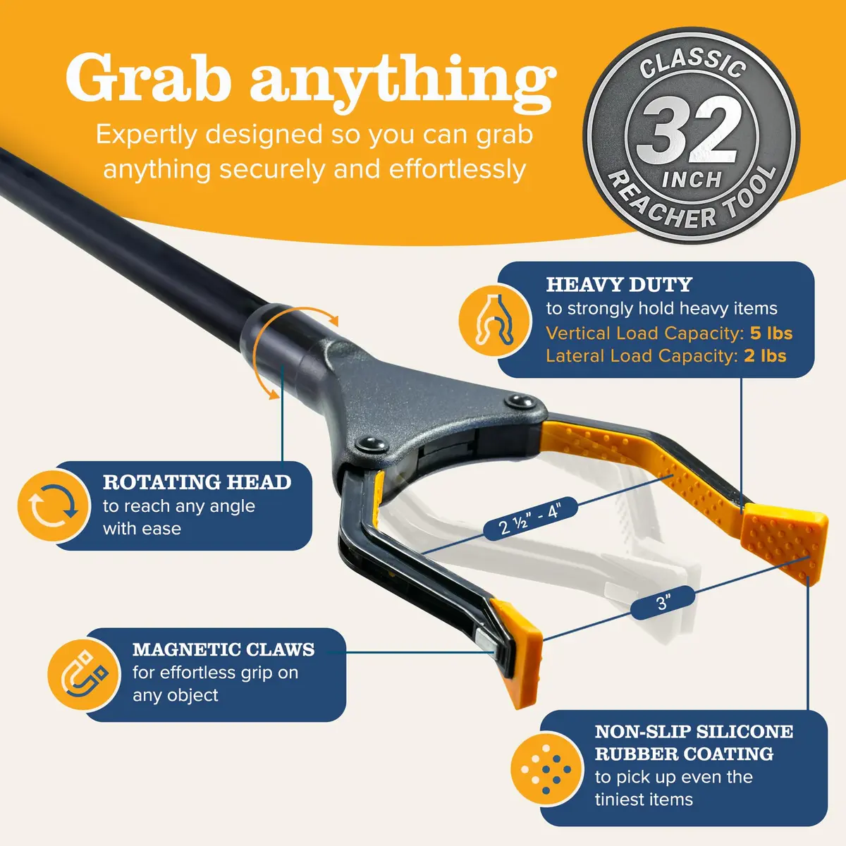 EZPIK 32" Folding Reacher-Grabber with Magnet | Heavy Duty Trash Picker for Seniors & Disabled, Aluminum, Black - view 5