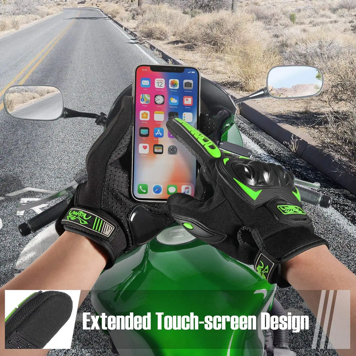 COFIT Motorcycle Gloves Breathable, Touchscreen, Hard Knuckles, Anti-Slip, Good Grip, Men Women, Motocross, BMX, ATV, MTB, Cycling, Road Racing, Green L - view 3