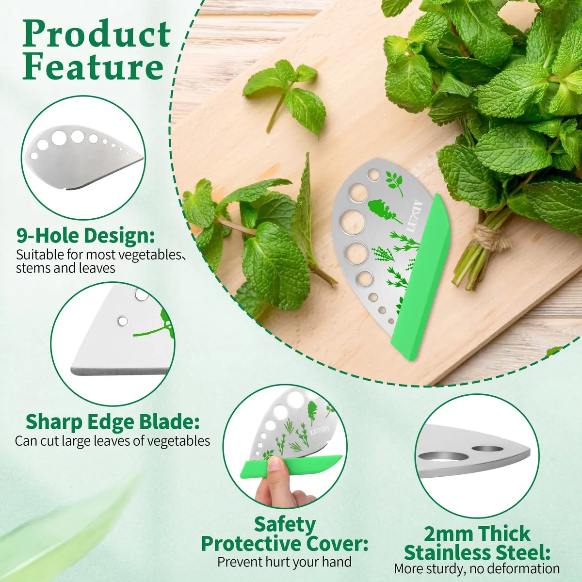 Luxiv Herb Stripper Tool Stainless Steel 9-Hole Leaf Peeler with Knife & Cover | 2 in 1 Cutting & Stripping for Kale, Chard, Basil, Thyme, Rosemary - view 3