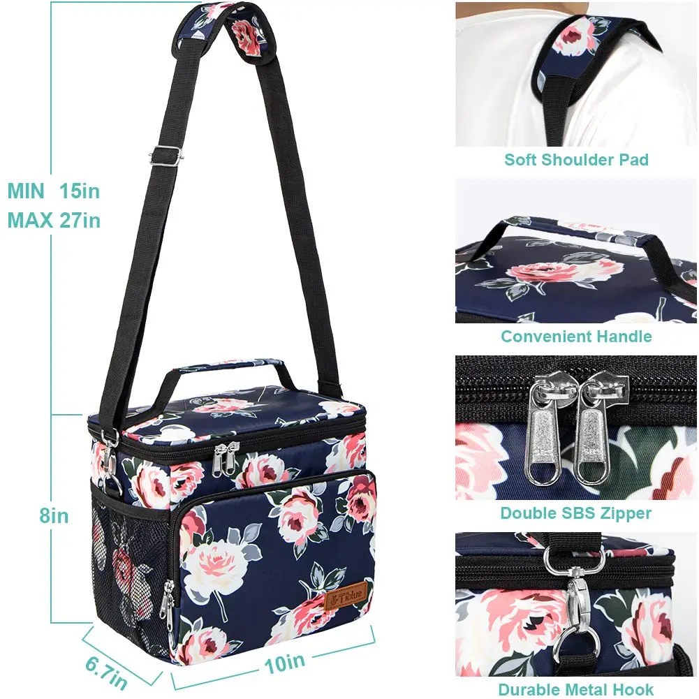 Tiblue Insulated Lunch Bag for Women/Men | Leakproof, Reusable, Thermal, Adjustable Shoulder Strap (Medium, Romantic Rose) - view 2