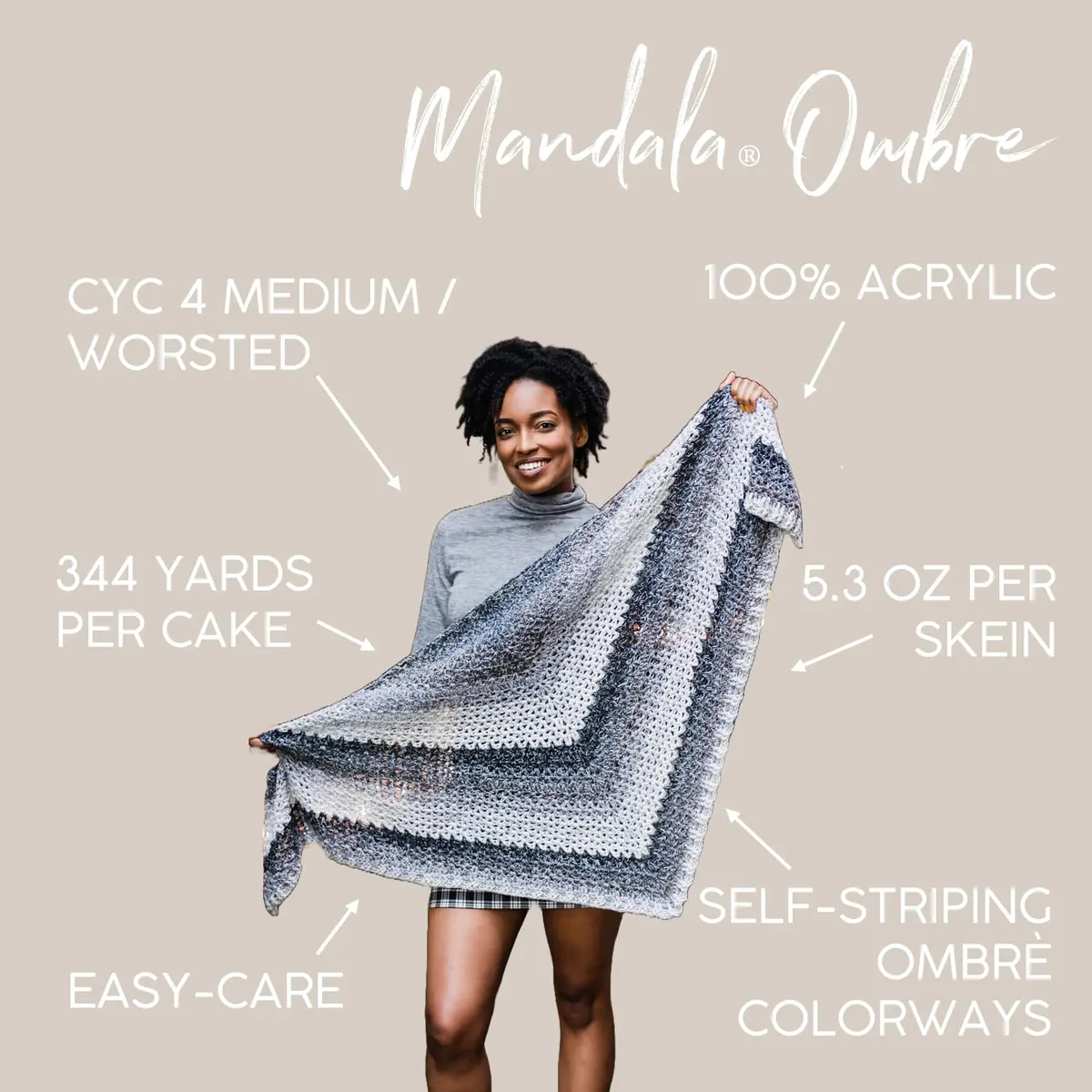 Lion Brand Yarn Mandala Ombré Yarn Cool Gray Multicolor 315m (344 Yds) | Crochet & Knit Worsted Weight Acrylic - view 4