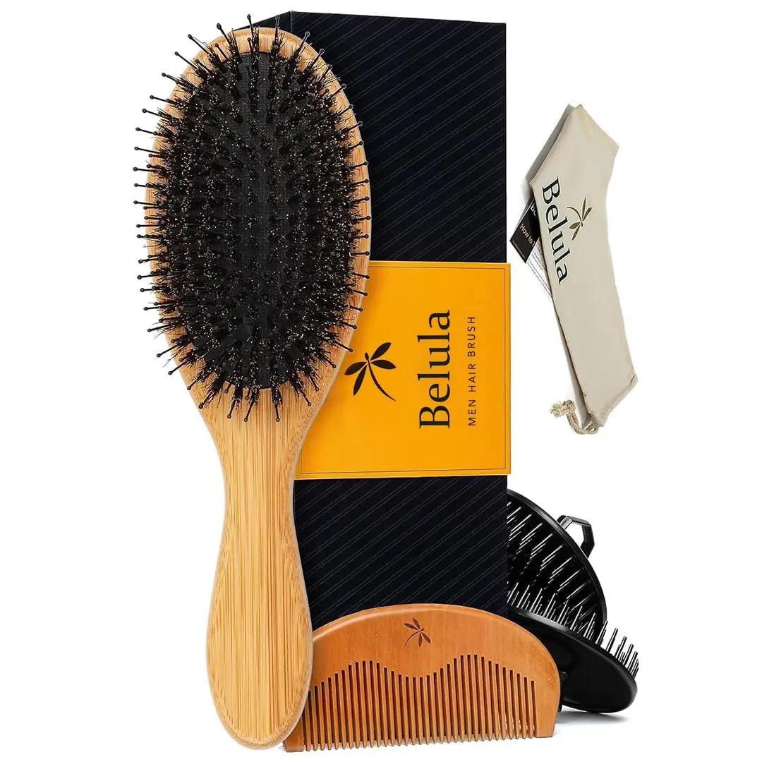 Belula Men's Hair Grooming Set, Boar Bristle & Nylon Brush, Comb, Bag | Natural Conditioning & Styling - main product image