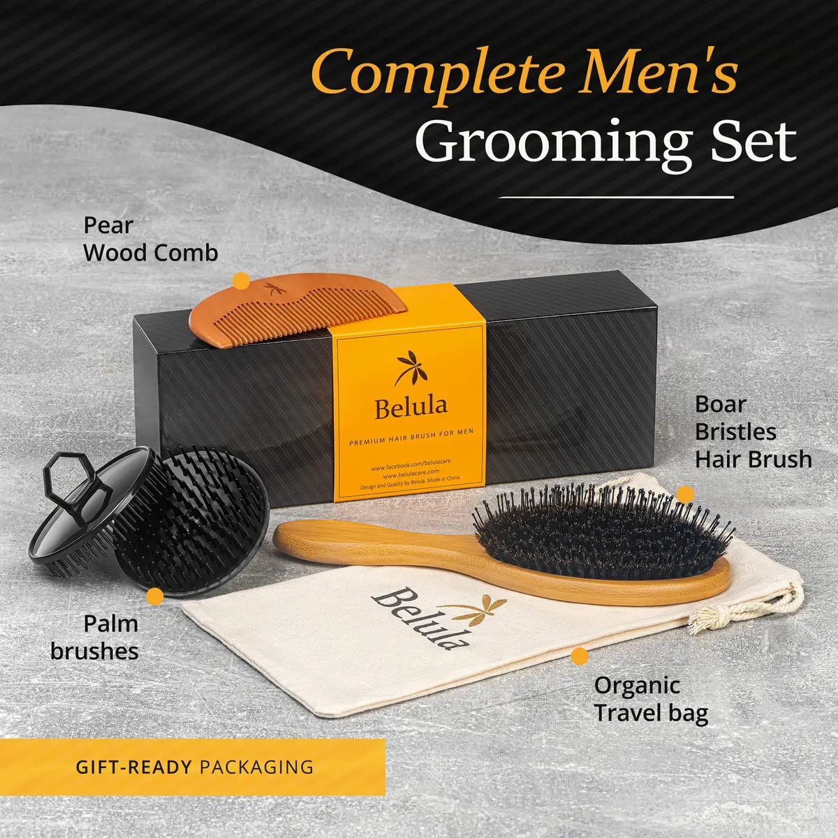 Belula Men's Hair Grooming Set, Boar Bristle & Nylon Brush, Comb, Bag | Natural Conditioning & Styling - view 6
