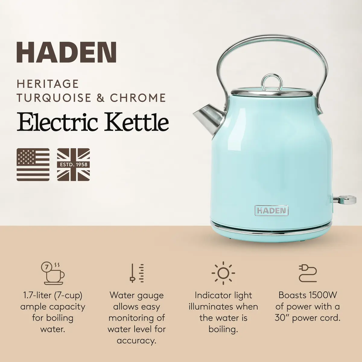Haden Heritage 1.7 Liter Stainless Steel Retro Electric Tea Kettle with Auto Shutoff and Dry Boil Protection, Light Turquoise - view 2