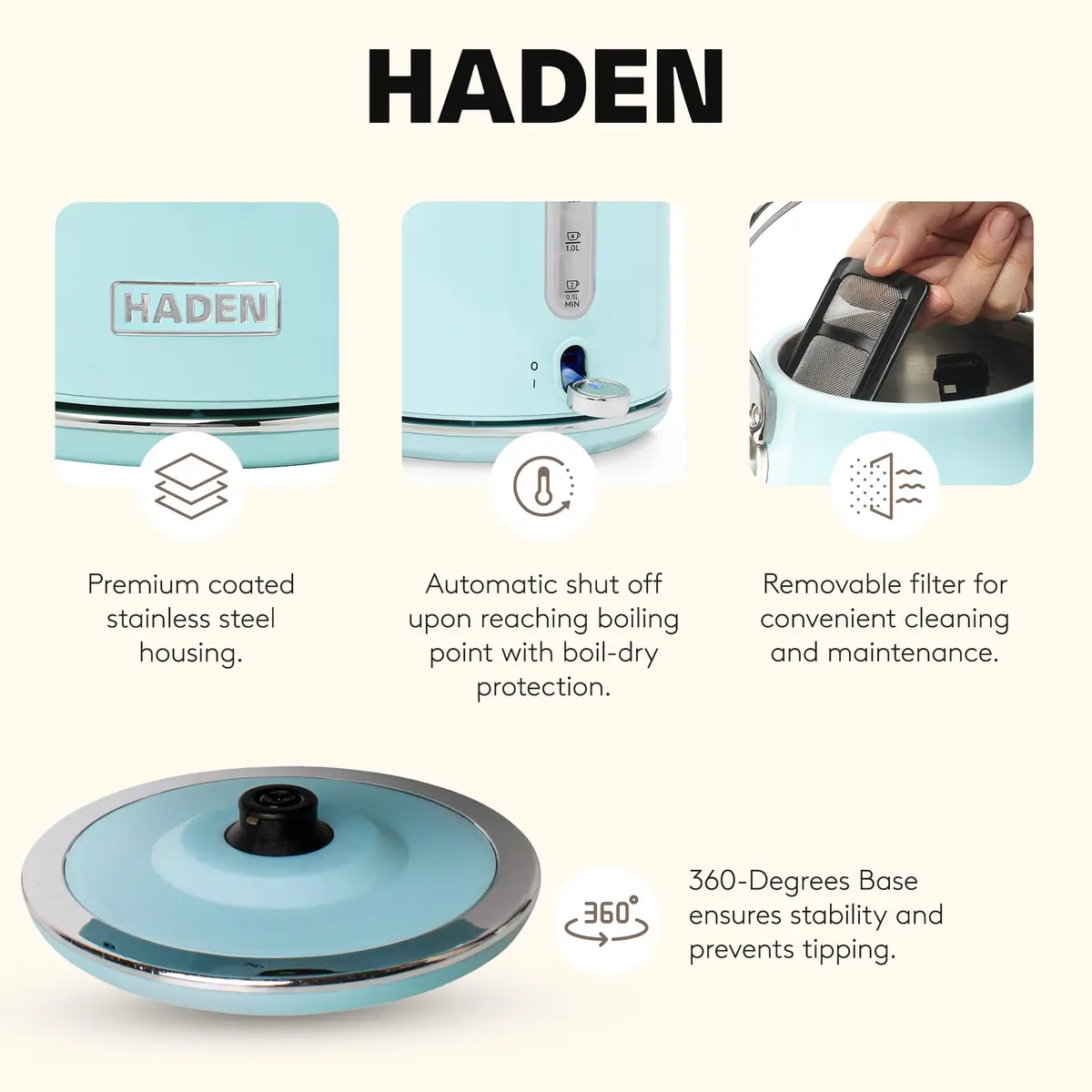 Haden Heritage 1.7 Liter Stainless Steel Retro Electric Tea Kettle with Auto Shutoff and Dry Boil Protection, Light Turquoise - view 3