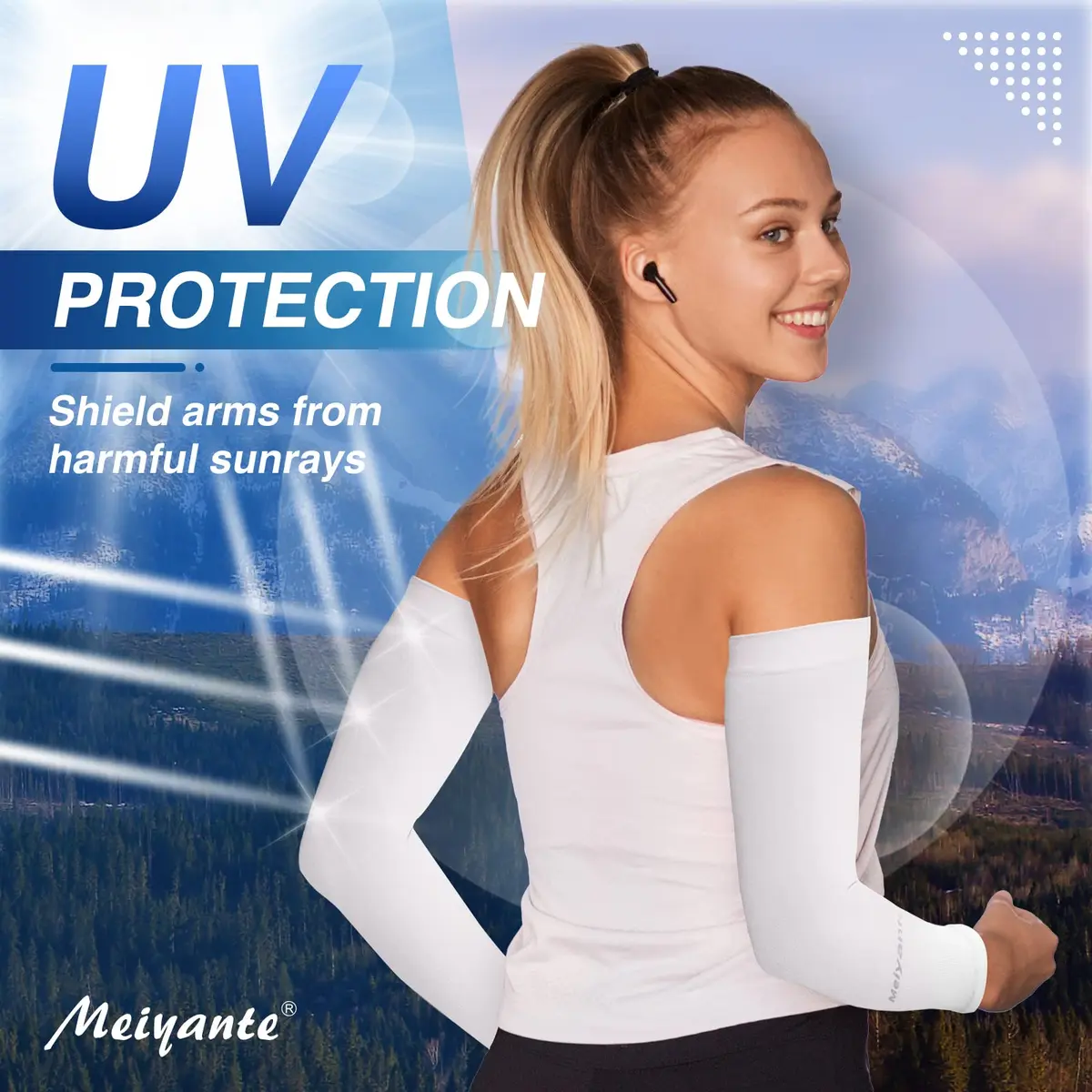 Meiyante UV Sun Protection Arm Sleeves with Thumb Holes for Women, White 39.6 cm (15.6 in) | UPF 50+ Cooling Fabric - view 2