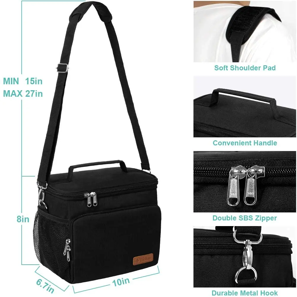 Tiblue Insulated Lunch Bag for Women/Men | Leakproof, Reusable, Thermal, Adjustable Strap (Medium,Black) - view 2