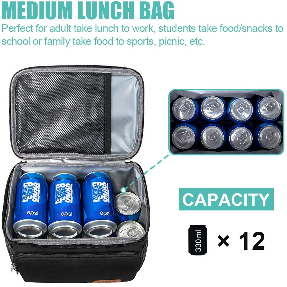 Tiblue Insulated Lunch Bag for Women/Men | Leakproof, Reusable, Thermal, Adjustable Strap (Medium,Black) - view 3