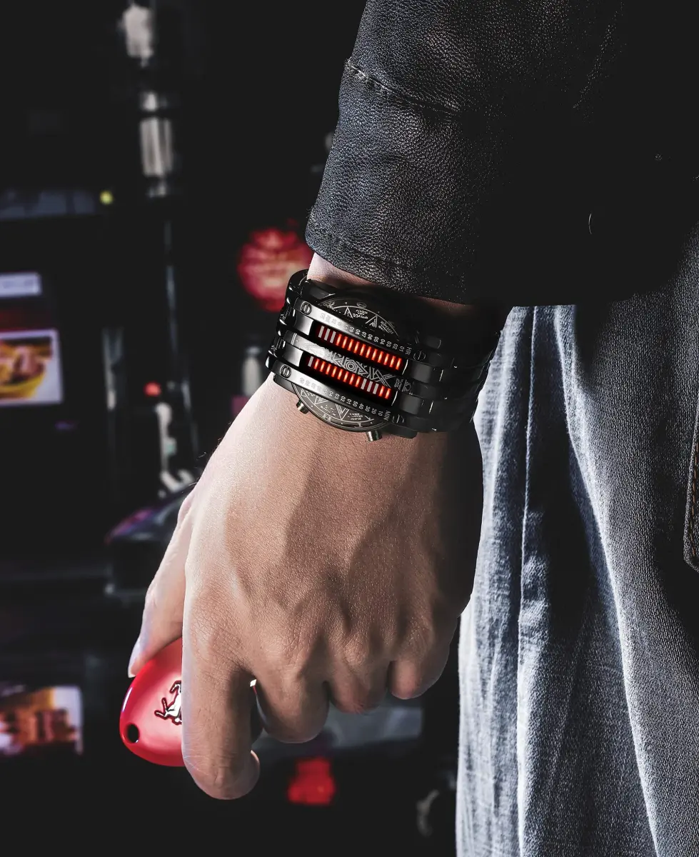 MASTOP Binary Matrix Blue LED Digital Watch Men's Classic Fashion Black Plated Wrist Watch 43mm (Black Red) - view 5