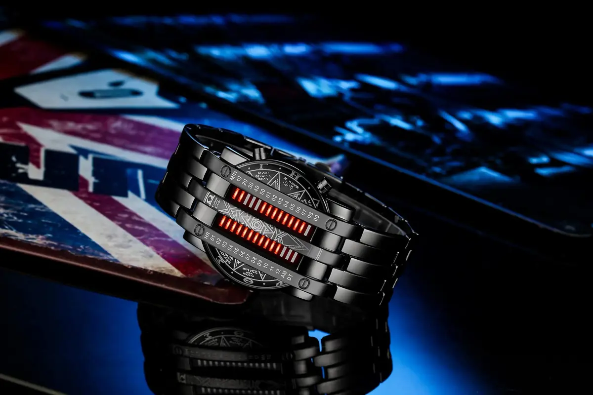 MASTOP Binary Matrix Blue LED Digital Watch Men's Classic Fashion Black Plated Wrist Watch 43mm (Black Red) - view 4