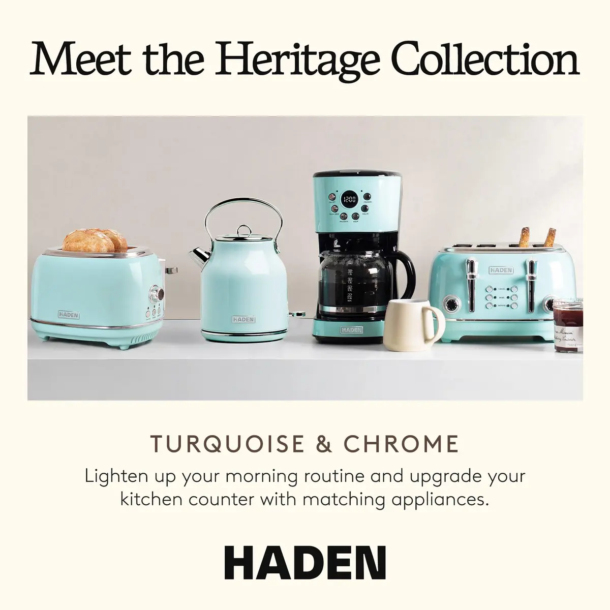 Haden Heritage 4 Slice Wide Slot Stainless Steel Toaster with Adjustable Browning & Non-Slip Feet, Turquoise & Chrome | Classic Design & Modern Features - view 5
