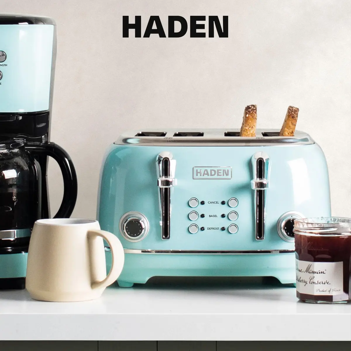 Haden Heritage 4 Slice Wide Slot Stainless Steel Toaster with Adjustable Browning & Non-Slip Feet, Turquoise & Chrome | Classic Design & Modern Features - view 6