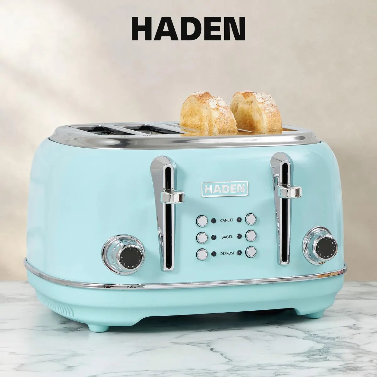 Haden Heritage 4 Slice Wide Slot Stainless Steel Toaster with Adjustable Browning & Non-Slip Feet, Turquoise & Chrome | Classic Design & Modern Features - view 7