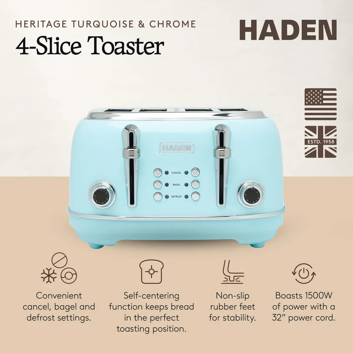 Haden Heritage 4 Slice Wide Slot Stainless Steel Toaster with Adjustable Browning & Non-Slip Feet, Turquoise & Chrome | Classic Design & Modern Features - view 2